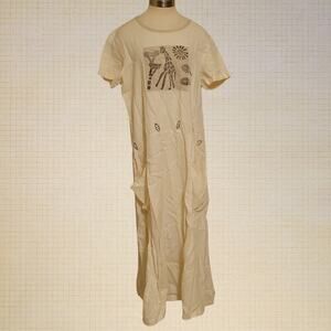 Boho Linen Maxi Dress Giraffe Print Blue Cactus XL Short Sleeve Pockets